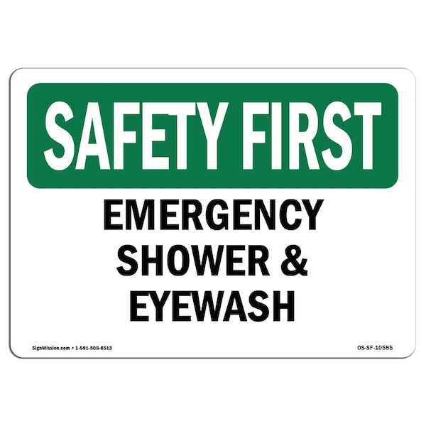 Safety Sign, OSHA SAFETY FIRST, 3.5" Height, Emergency Shower And Eyewash, Landscape, 10PK
